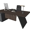 Sleek Modern Wooden Office Desk With iMac Lamp Notebook And Black Chair