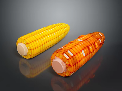 Fresh Bright Yellow and Orange Corn Cobs on Dark Reflective Surface 3d model
