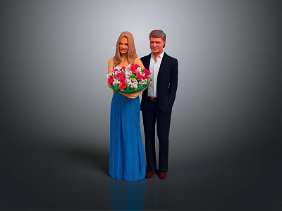 Man Standing With Woman Holding Colorful Flower Bouquet Against Gray Background 3d model