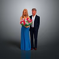 Man Standing With Woman Holding Colorful Flower Bouquet Against Gray Background