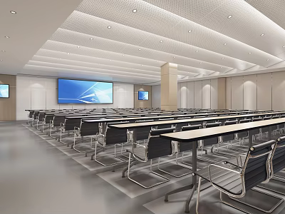Modern Spacious Conference Room With Rows Of Tables Chairs Large Screen And Ceiling Design 3d model