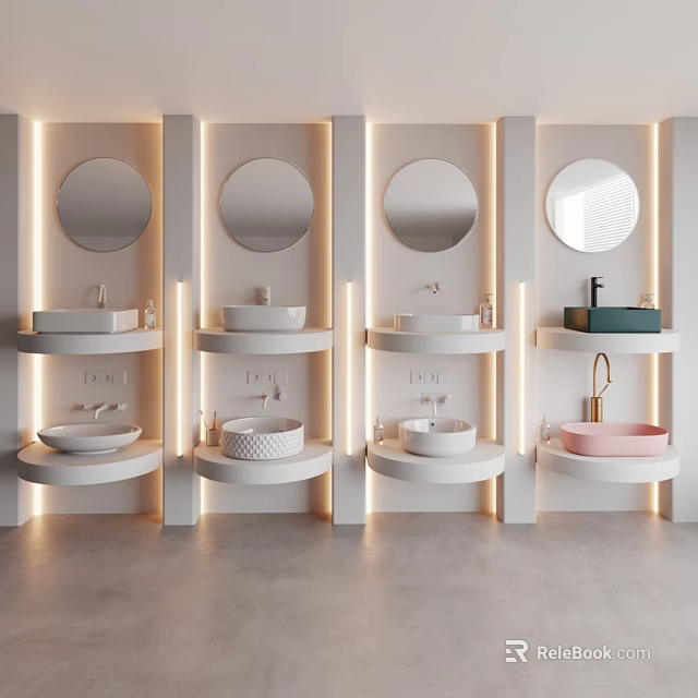 Four Modern Minimalist Lighted Washbasins With Round Mirrors White Pink Green Public Restroom 3d model 