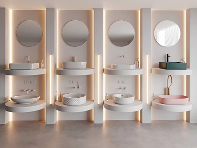 Four Modern Minimalist Lighted Washbasins With Round Mirrors White Pink Green Public Restroom 3d model