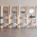 Four Modern Minimalist Lighted Washbasins With Round Mirrors White Pink Green Public Restroom