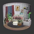 Contemporary Living Room Furniture Including Sofa Armchair Round Rug Potted Plants Decorative Paintings Wall Shelf