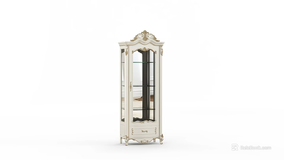 Elegant White Wine Cabinet With Glass Door And Carved Ornate Top Design 3d model 
