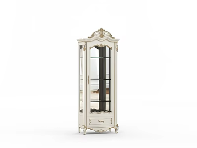 Elegant White Wine Cabinet With Glass Door And Carved Ornate Top Design 3d model
