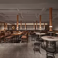 Elegant Restaurant Interior With Wooden Dining Tables White Plates Columns And Ceiling Design