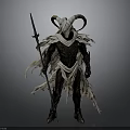 Fantasy Character With Large Curved Horns Ornamental Tattered Cloak Holding Long Spear Dark Armor Design