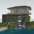 Scenic Modern Landscape Pavilion With Waterfall Lush Greenery Pond And Night Lights