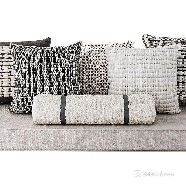 Contemporary Sofa Pillows with Textured Knit and Striped Patterns in Neutral Hues 3d model 