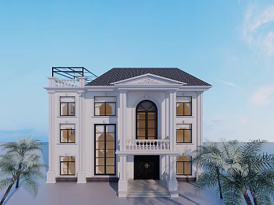 Elegant Detached Villa With White Exterior Black Roof Front Porch And Palm Trees 3d model