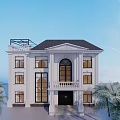 Elegant Detached Villa With White Exterior Black Roof Front Porch And Palm Trees