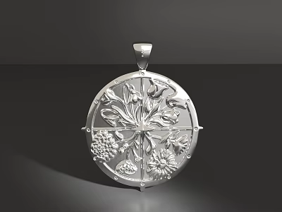 Round Silver Jewelry Pendant with Intricate Flower Engraved Design 3d model