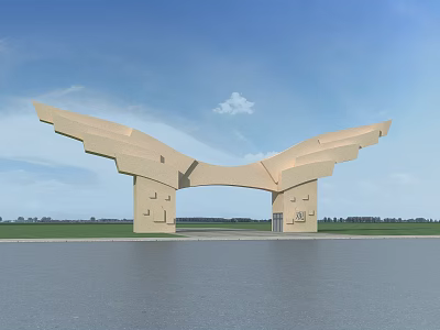 Modern Wing Shaped Entrance Gate With Light Beige Structure And Open Landscape 3d model