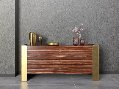 Striped Wooden Console Cabinet With Gold Legs Drawers And Decorative Vases On Gray Floor 3d model