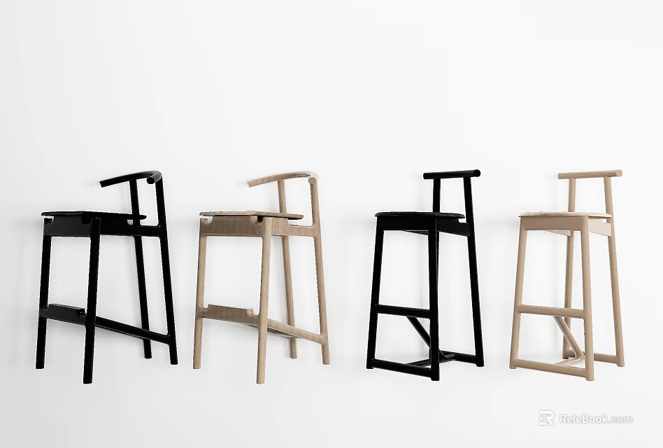 Modern Black and Beige Bar Stools with Minimalist Wooden Metal Frame 3d model 