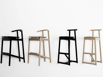Modern Black and Beige Bar Stools with Minimalist Wooden Metal Frame 3d model