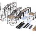 Industrial Equipment Assortment Featuring Scaffolding Metal Frames Ladders Metal Bars And Wooden Planks