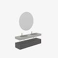 Modern Bathroom Vanity With Lighted Round Mirror Concrete Countertop Gold Faucet And Wooden Cabinet