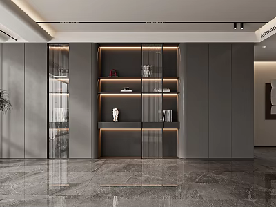 Modern Wine Cabinet With Glass Doors LED Lighting And Storage Shelves In Elegant Interior 3d model