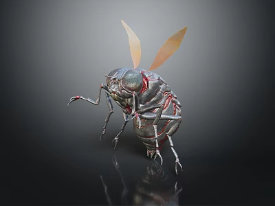 Detailed Metallic Insect With Transparent Wings And Shiny Reflection On Dark Surface 3d model
