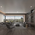 Modern Living And Dining Room Space With Large Windows Mountain Views Sofa And Wooden Shelves