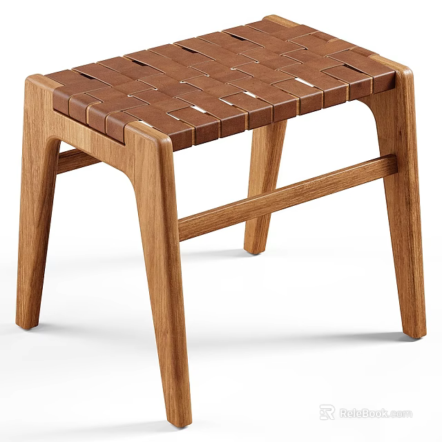 Modern Wooden Stool With Woven Leather Seat And Natural Oak Legs Design 3d model 