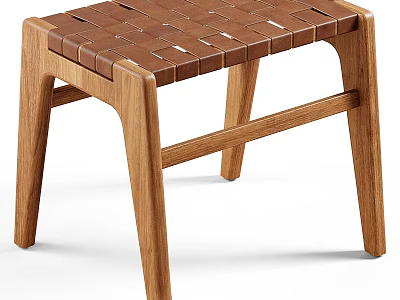 Modern Wooden Stool With Woven Leather Seat And Natural Oak Legs Design 3d model