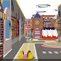 Colorful Children's Playground with Castle Shaped Slide Street Scene Buildings Yellow Toy Cars and Arches
