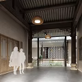 Spacious Traditional Chinese Elevator Hallway with Wooden Ceiling Lantern Lights Glass Doors and Green Plants