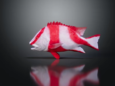 Red and White Striped Fish with Open Mouth and Reflection on Black Background 3d model