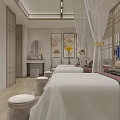 Elegant Modern Chinese SPA Sauna Room With White Massage Beds Beige Stools Bamboo Screens
