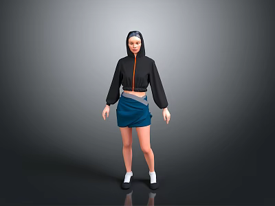A Woman Wearing Black Hoodie Blue Skirt White Socks Black Shoes On Gray Background 3d model