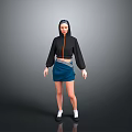 A Woman Wearing Black Hoodie Blue Skirt White Socks Black Shoes On Gray Background