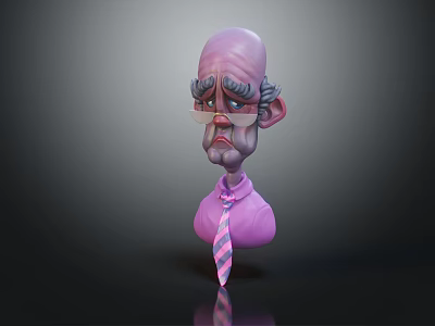 Cartoon Character With Purple Head Glasses Gray Eyebrows And Pink Striped Tie 3d model