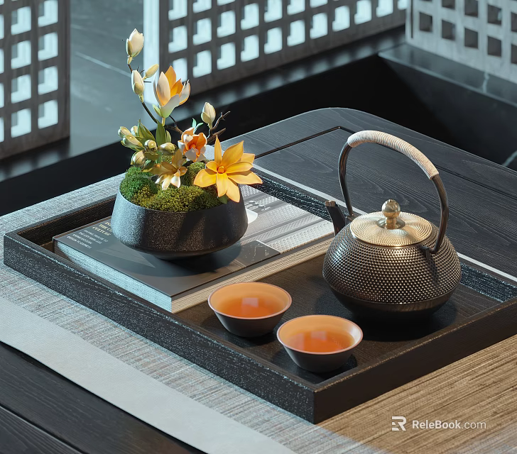 Traditional Chinese Tea Set with Teapot Cups and Decorative Flowers on Tray 3d model 