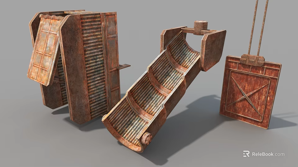 Rusty Metal Industrial Equipment With Conveyor Chute And Storage Box Structures 3d model 