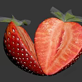 Fresh Strawberry Cut into Two Halves with Green Leaves on Dark Background with Glossy Surface
