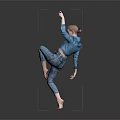 Dynamic Woman Dancing With Lifted Leg Raised Hand in Blue Top Patterned Pants Against Gray Background