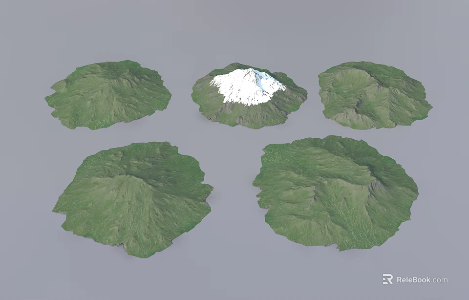 Five Green Microtopography Models with White Snowy Peak and Natural Landforms 3d model 