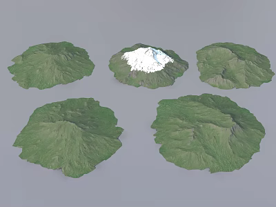 Five Green Microtopography Models with White Snowy Peak and Natural Landforms 3d model
