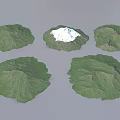 Five Green Microtopography Models with White Snowy Peak and Natural Landforms