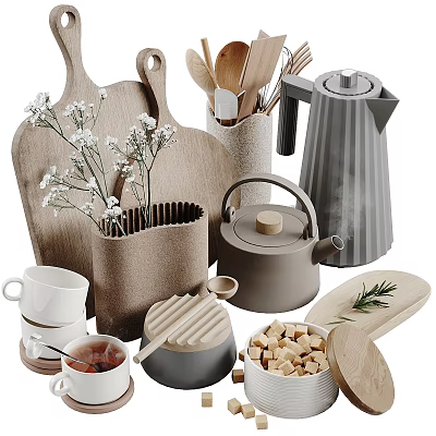 Natural Material Modern Kitchen Utensils Including Wooden Cutting Boards Spoons Kettle Teapot And Ceramic Cups 3d model