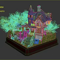 Whimsical Miniature Cartoon Scene With Purple Roof House Green Trees Steps Blue Car And Garage