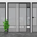 Modern Interior Glass Sliding Doors With Ribbed And Frosted Textured Panels And Green Plant