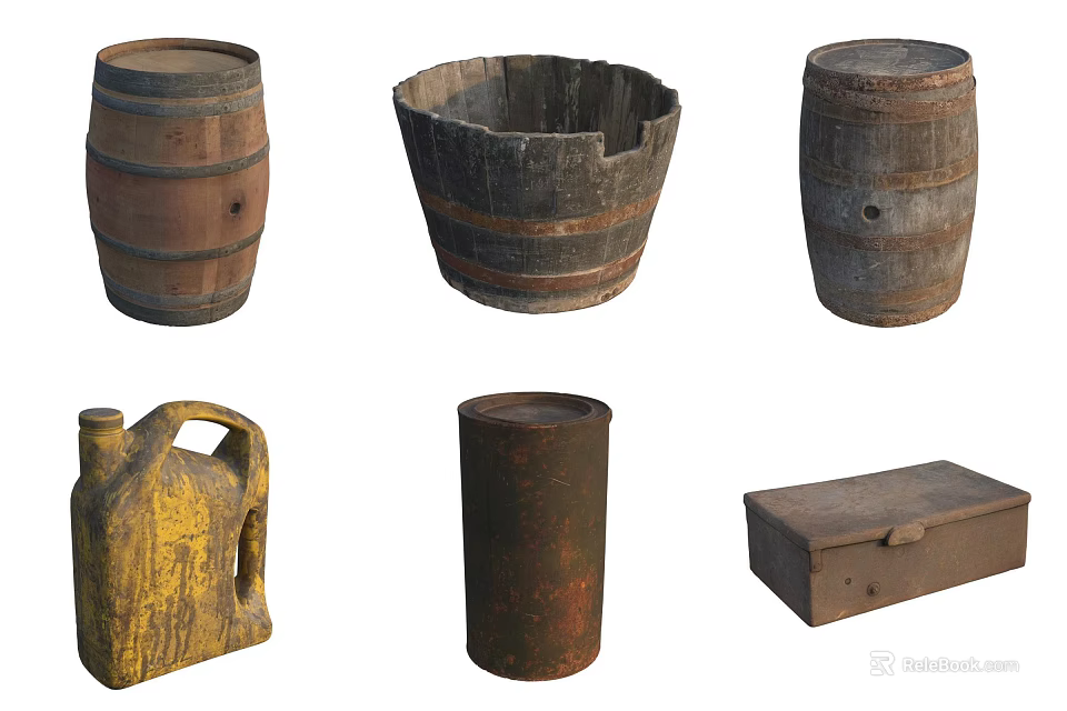 Vintage Wooden Barrels Metal Bucket Can And Storage Box Collection 3d model 