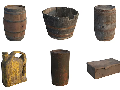 Vintage Wooden Barrels Metal Bucket Can And Storage Box Collection 3d model