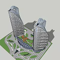 Twin Tower Hotel Building With Unique Architectural Design And Circular Base Greenery Pathways 3d model