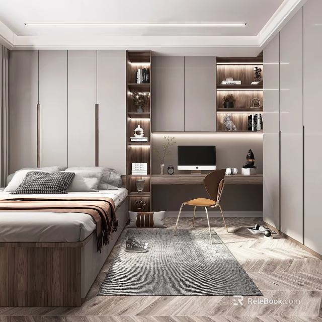 Modern Minimalist Tatami Bedroom Interior With Tatami Bed Desk Bookshelves And Decor 3d model 